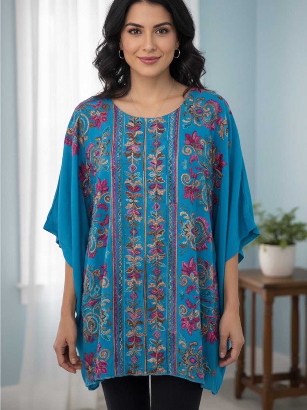 Umgee Turquoise Tunic with Pink & Gold Embroidery Cotton Blend Size S/M